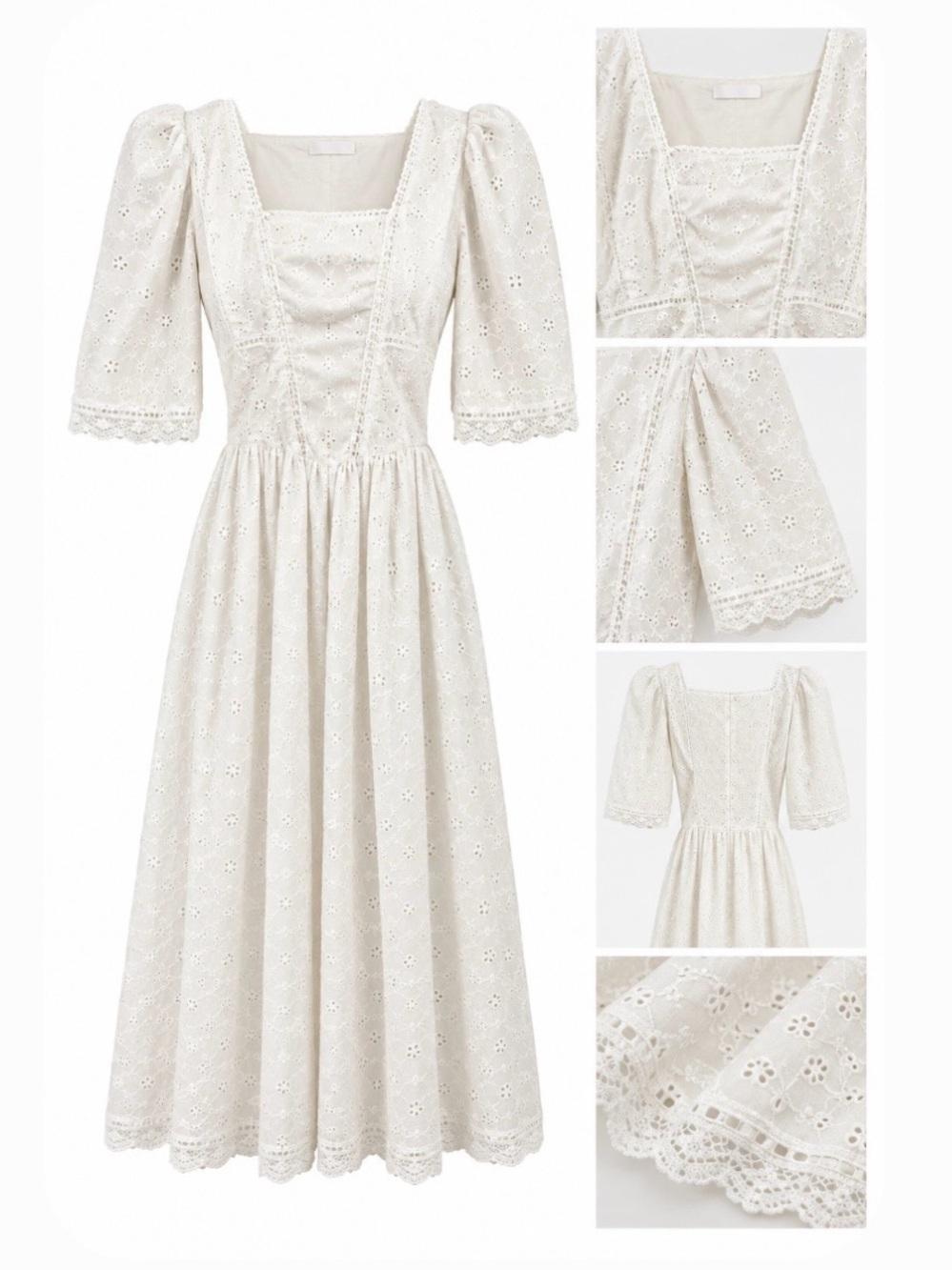 Square Neck Eyelet Midi Dress in Ivory